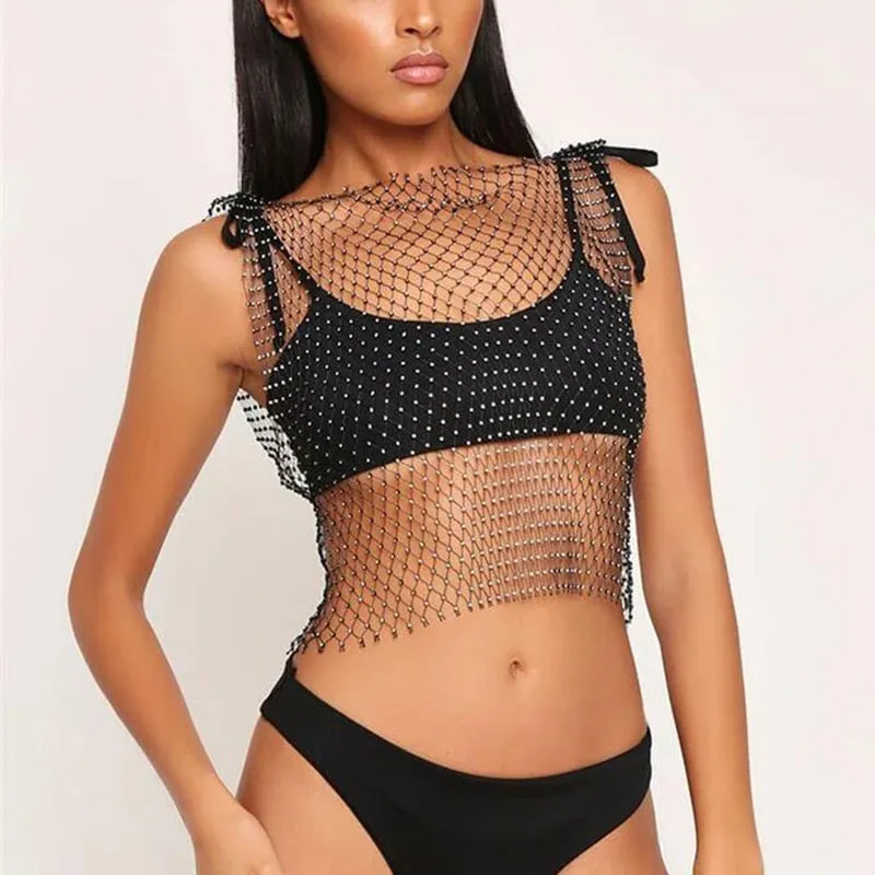 Crystal Rhinestone Embellished Mesh Tank Top - 8 Colors