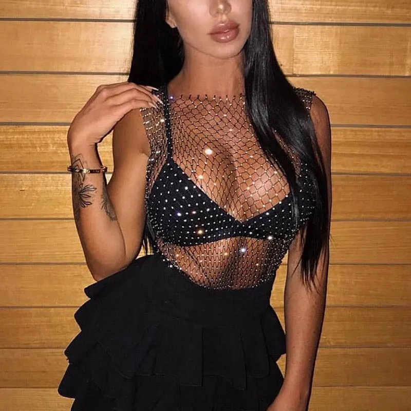 Crystal Rhinestone Embellished Mesh Tank Top - 8 Colors