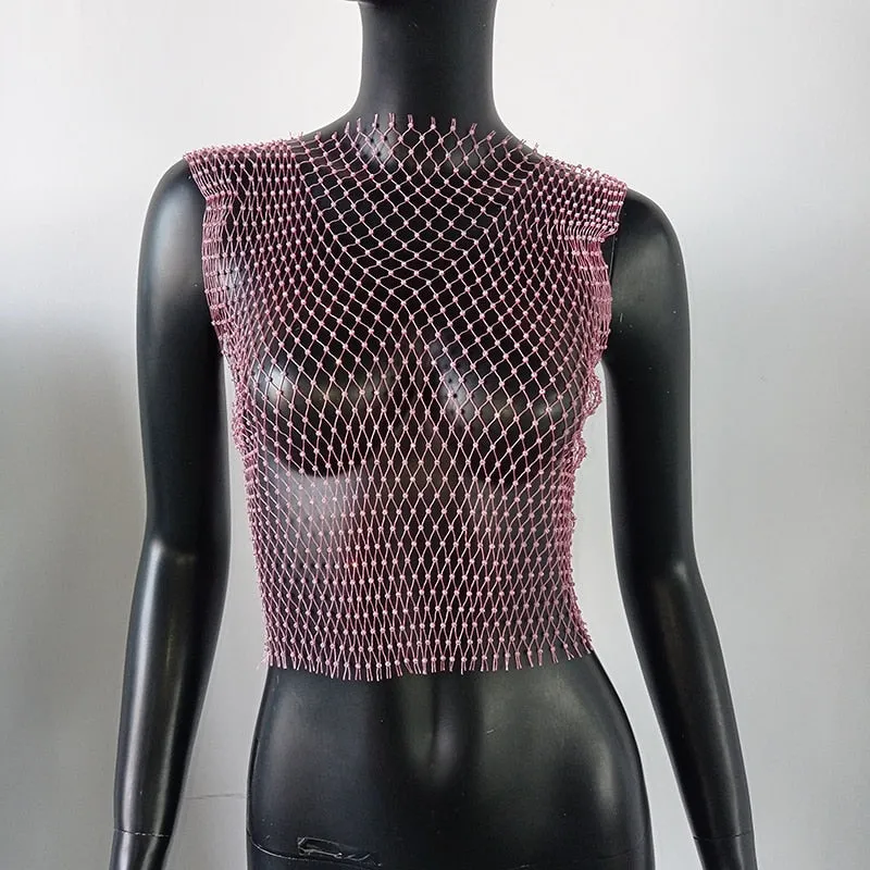 Crystal Rhinestone Embellished Mesh Tank Top - 8 Colors