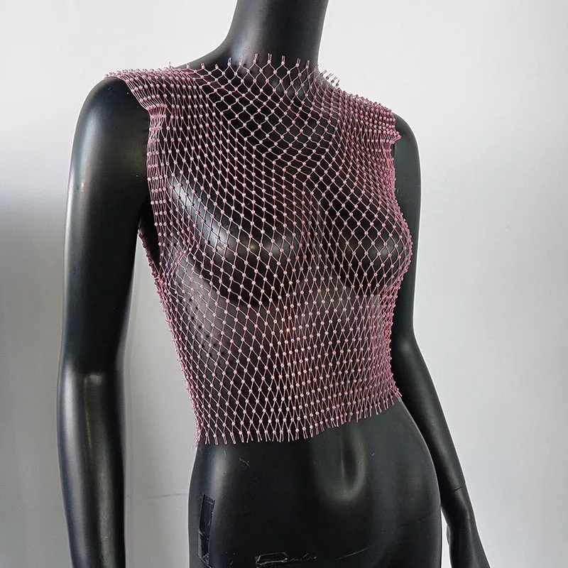 Crystal Rhinestone Embellished Mesh Tank Top - 8 Colors
