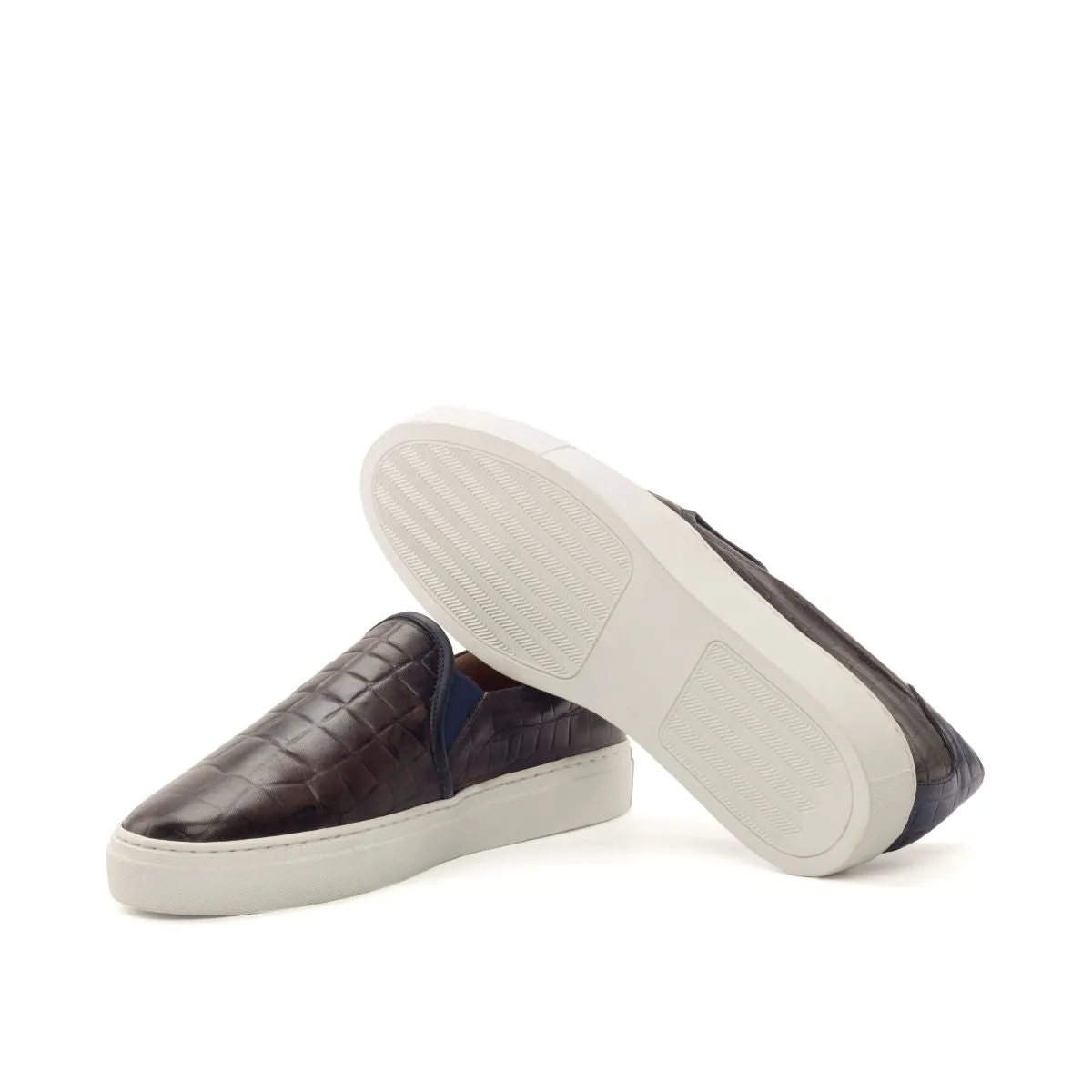 DapperFam Versado in Dark Brown / Navy Men's Italian Croco Embossed Leather Slip On