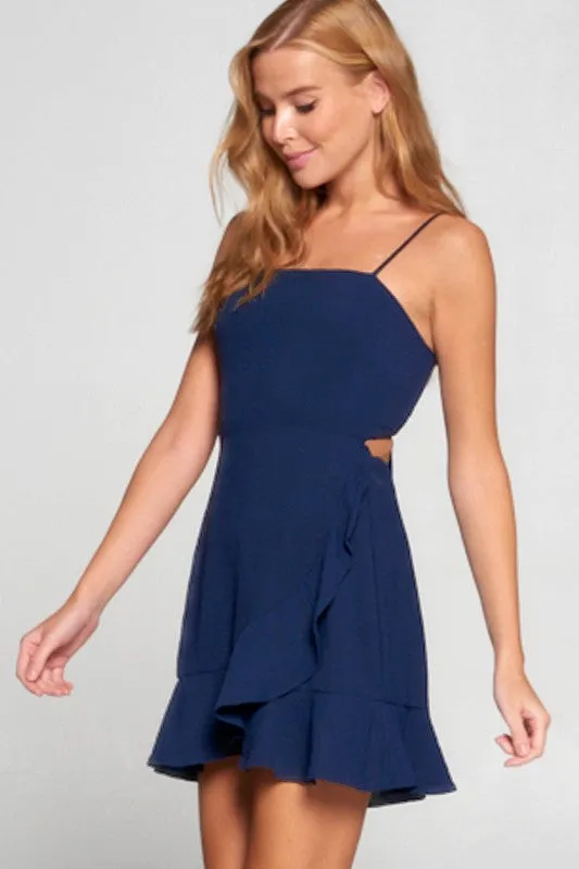 Dark Blue Woven Wrap Ruffle Dress