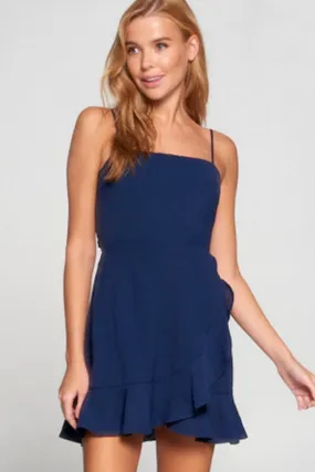Dark Blue Woven Wrap Ruffle Dress