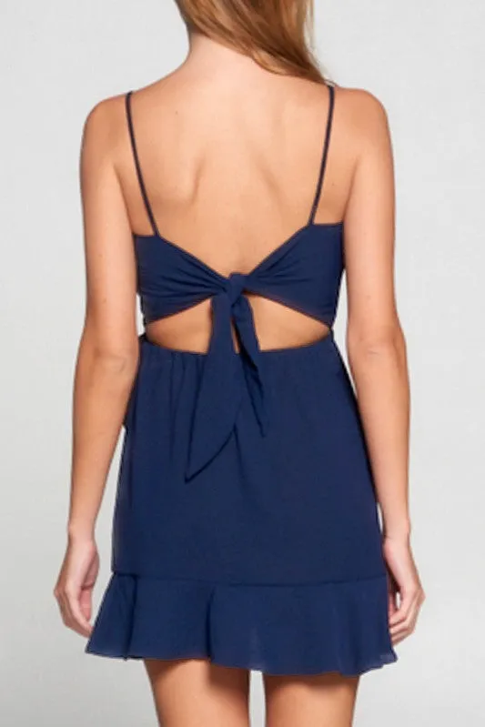 Dark Blue Woven Wrap Ruffle Dress