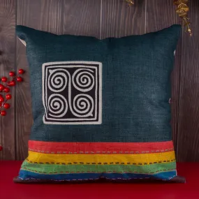 Dodge Blue Hemp Cushion Cover with stripes in different colors, hand-stitched pattern in black and white