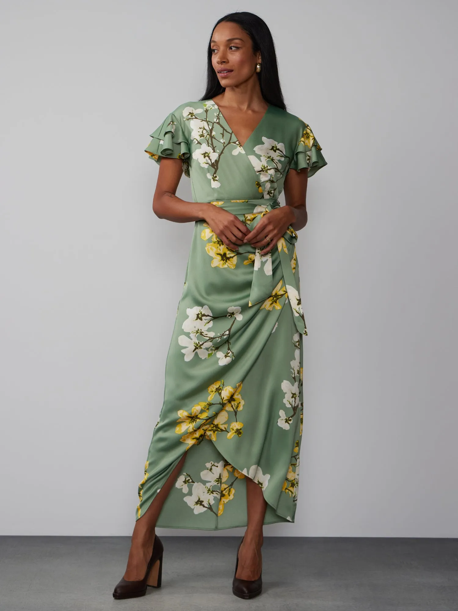 Flutter Sleeve Floral Wrap Dress