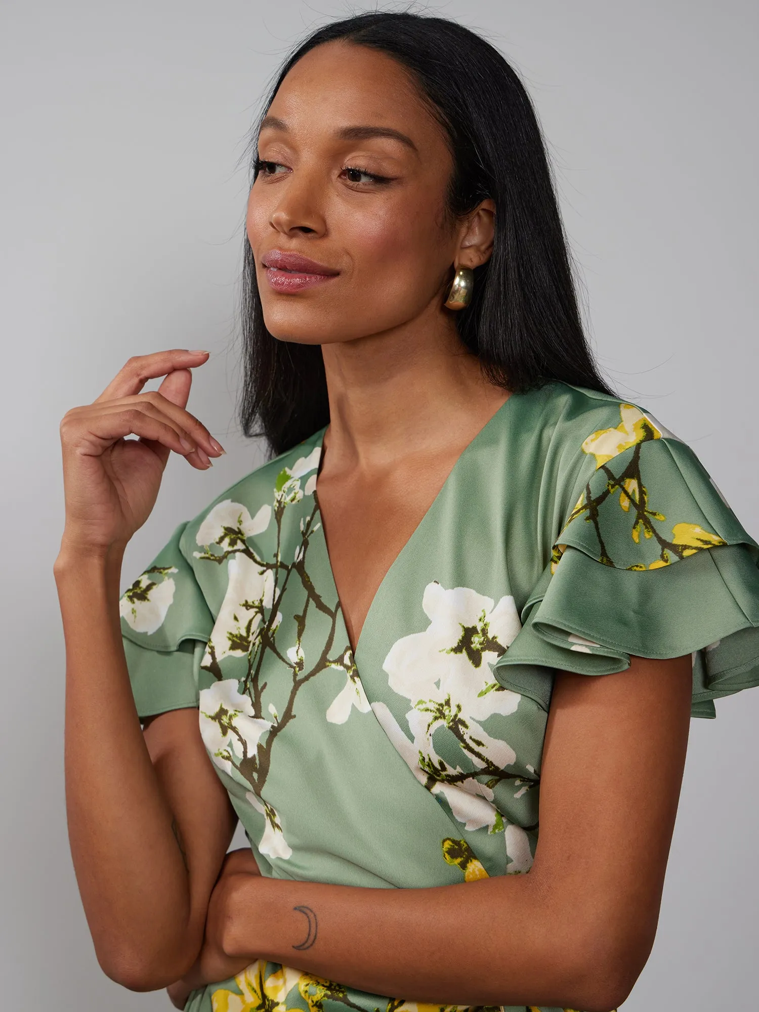 Flutter Sleeve Floral Wrap Dress