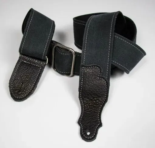 Franklin 2" Distressed Canvas Guitar Strap with Leather End Tab - Black with Black Tabs
