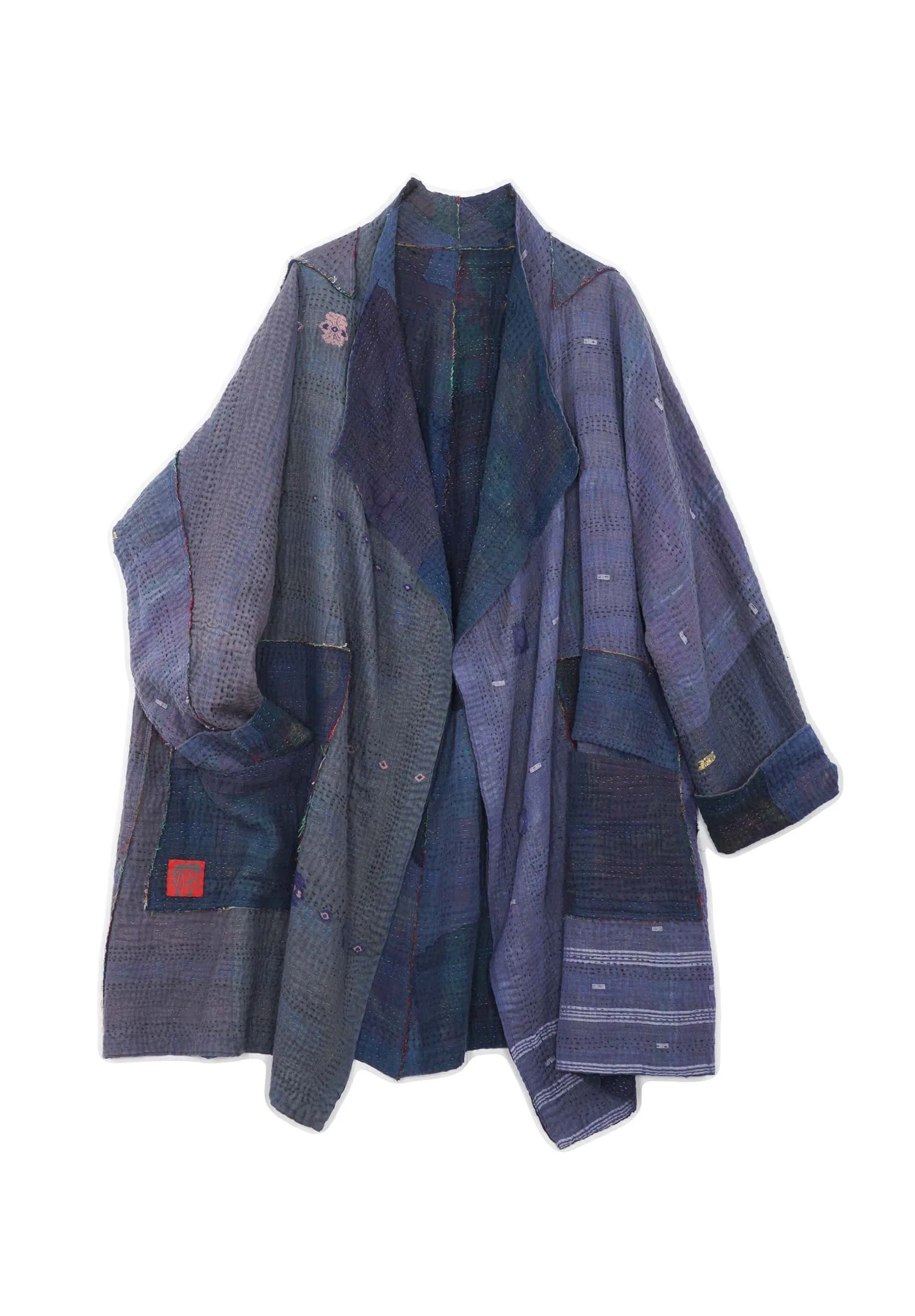 FRAYED PATCH KANTHA FUNNEL COLLAR COAT - fi4312-nvy -