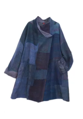 FRAYED PATCH KANTHA FUNNEL COLLAR COAT - fi4312-nvy -