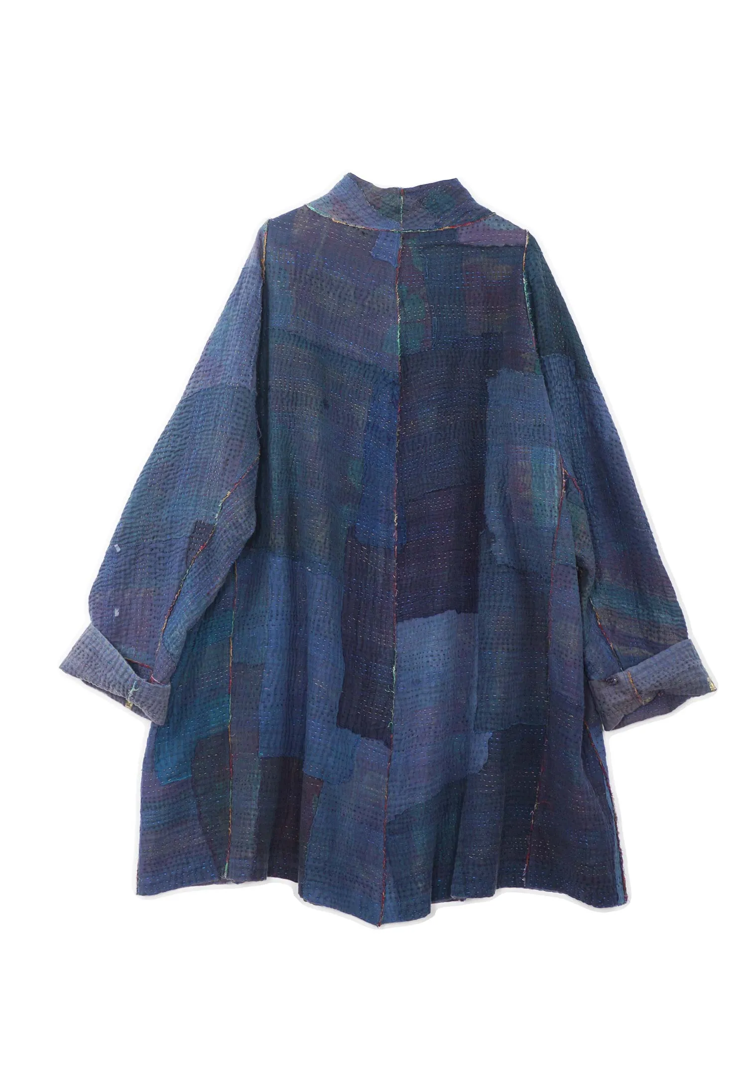 FRAYED PATCH KANTHA FUNNEL COLLAR COAT - fi4312-nvy -