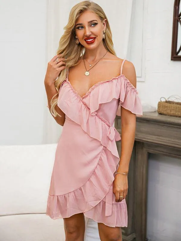 Glamaker Flounce Cold Shoulder Wrap Dress