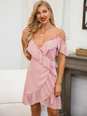 Glamaker Flounce Cold Shoulder Wrap Dress
