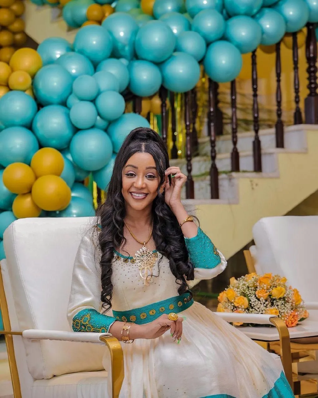 Golden Gleam Habesha Kemis Blue Wide Tilet Habesha Dress