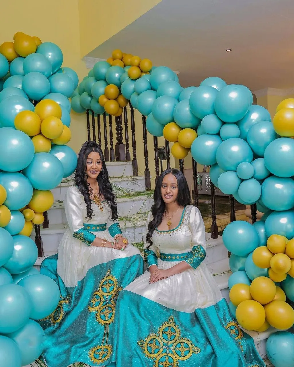 Golden Gleam Habesha Kemis Blue Wide Tilet Habesha Dress