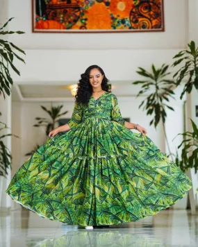 Green Floral Habesha Dress: Vibrant Ethiopian Chiffon Dress for Cultural Celebrations