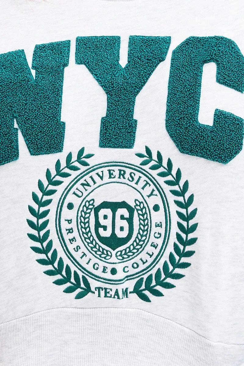 Grey Graphic Sweater Cropped Nyc Fleece