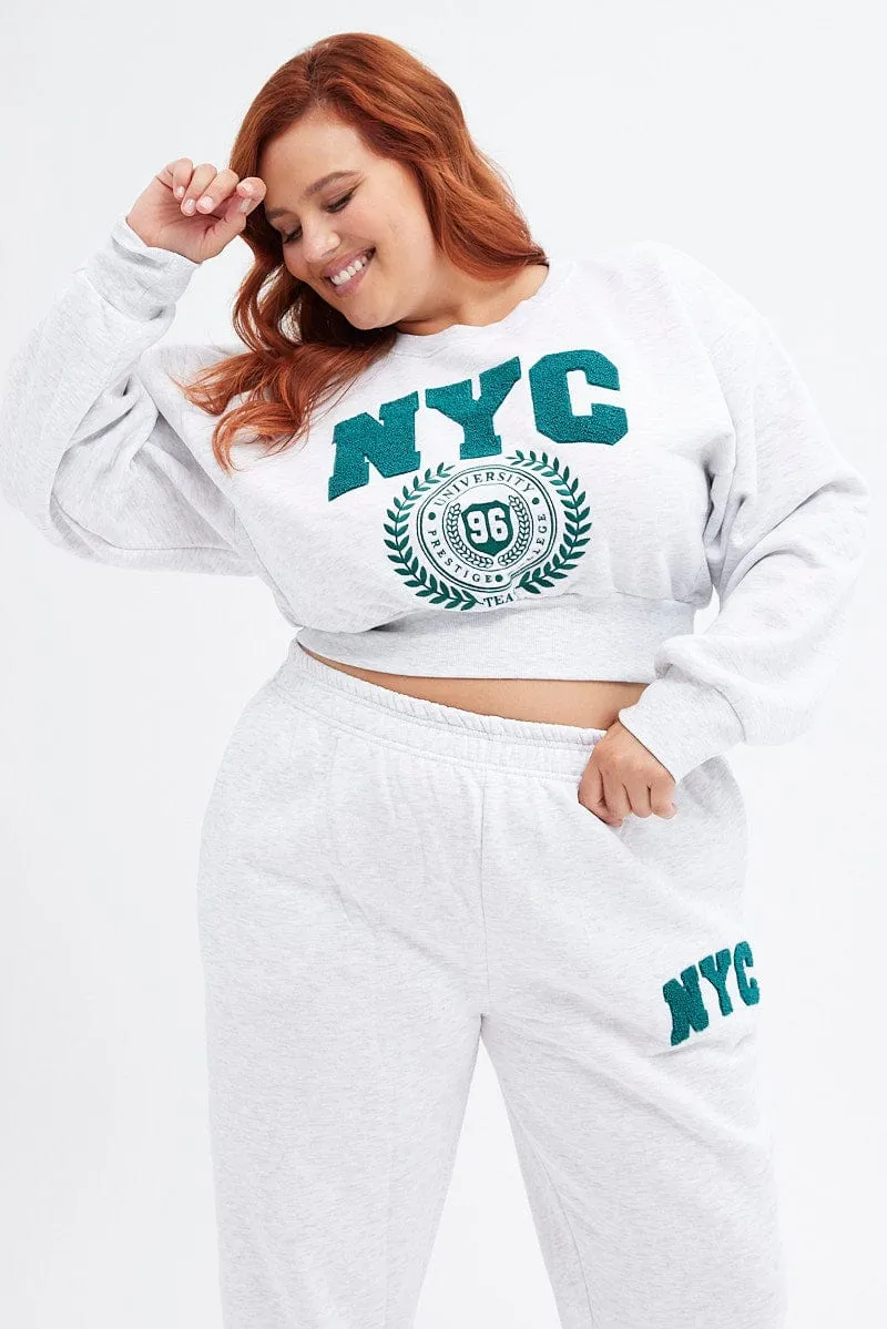 Grey Graphic Sweater Cropped Nyc Fleece
