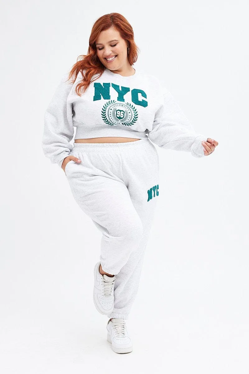 Grey Graphic Sweater Cropped Nyc Fleece