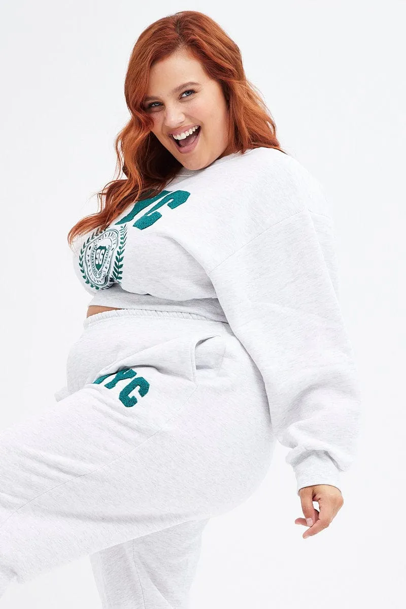Grey Graphic Sweater Cropped Nyc Fleece