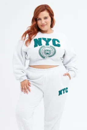 Grey Graphic Sweater Cropped Nyc Fleece