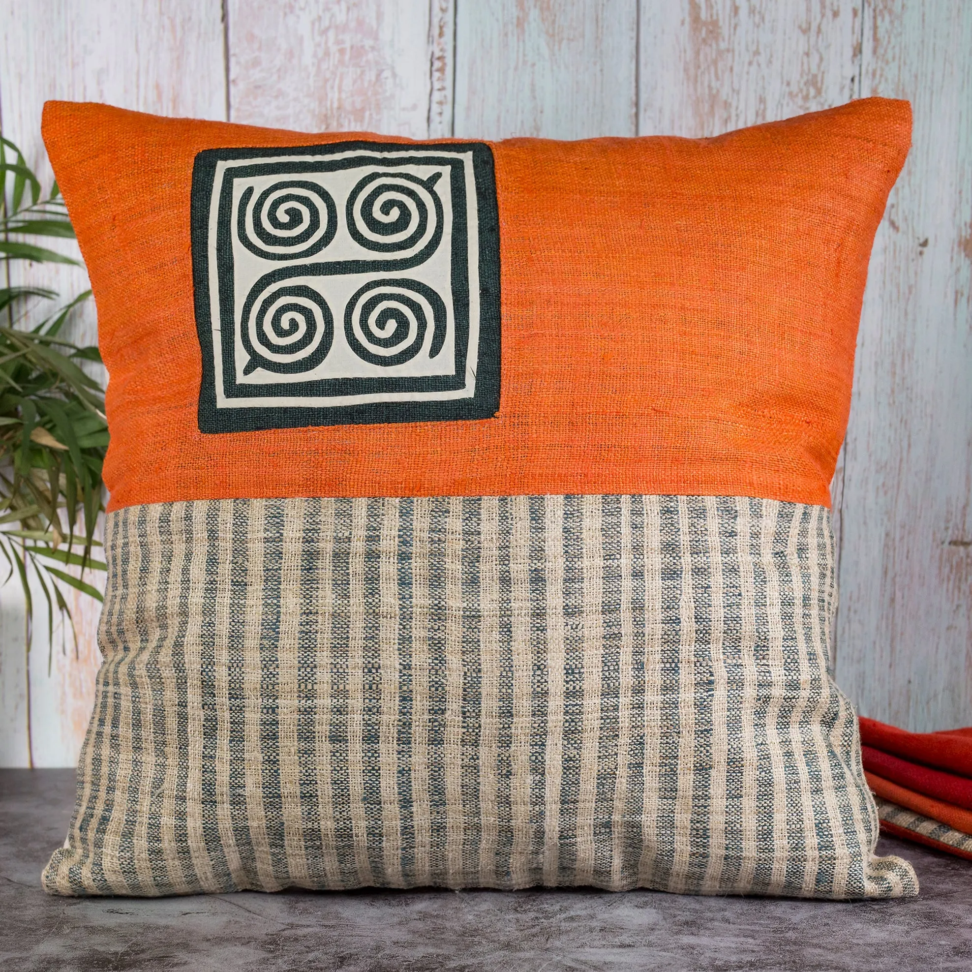 Hemp Cushion Cover in Orange - H'mong pattern, handwoven fabric stripes, handmade 100%