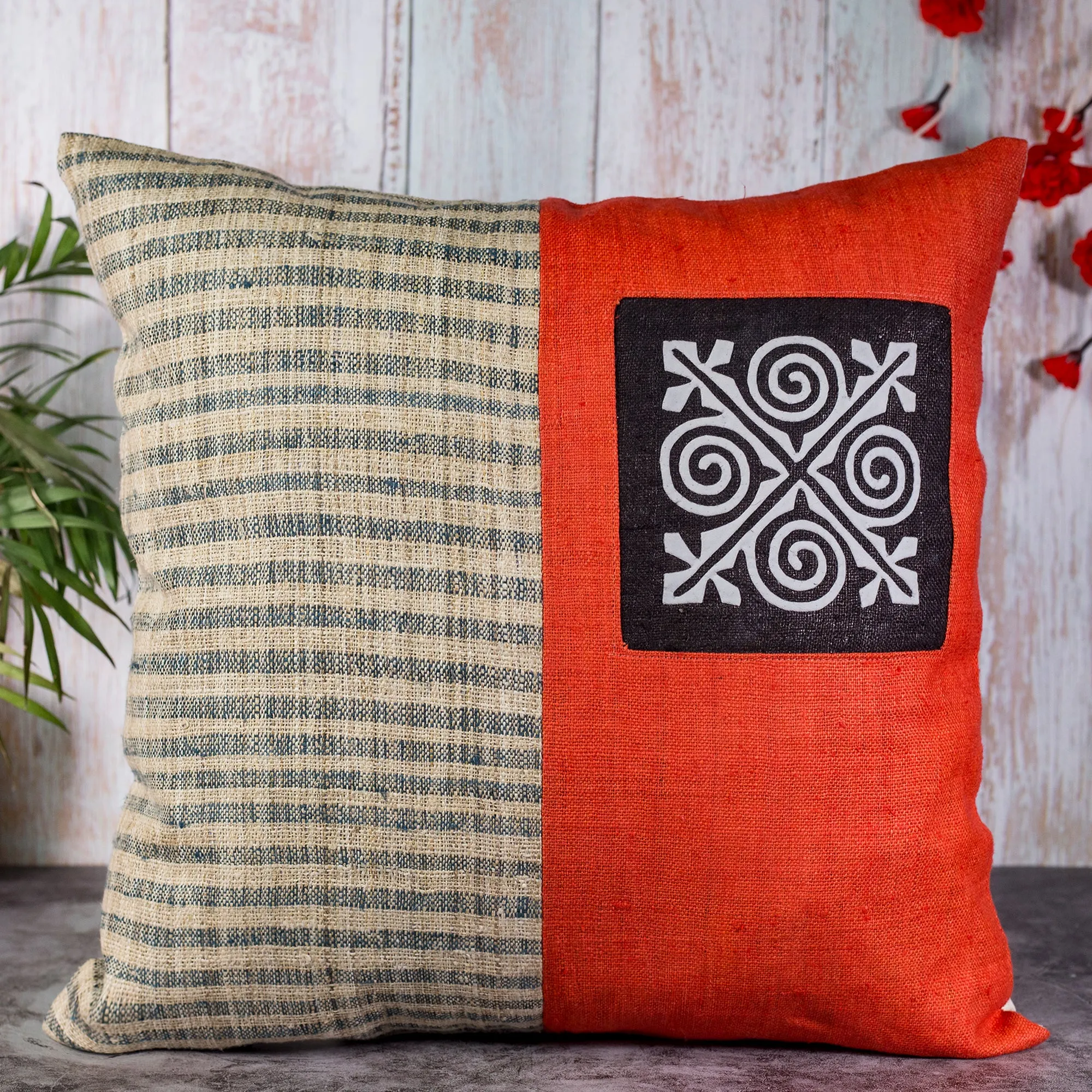 Hemp Cushion Cover in Red - H'mong pattern, handwoven fabric stripes, handmade 100%