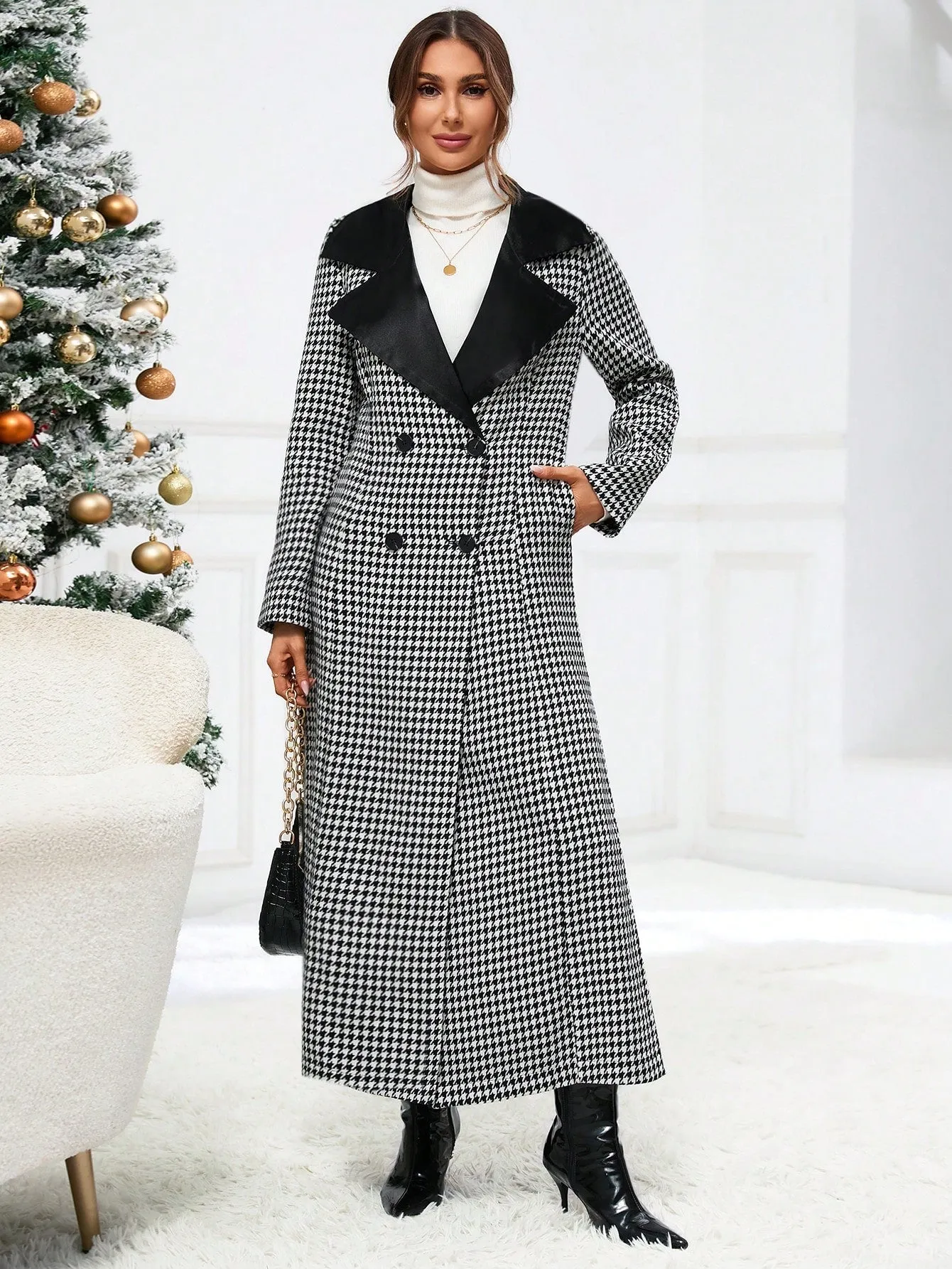 Houndstooth Print Double Breasted Overcoat