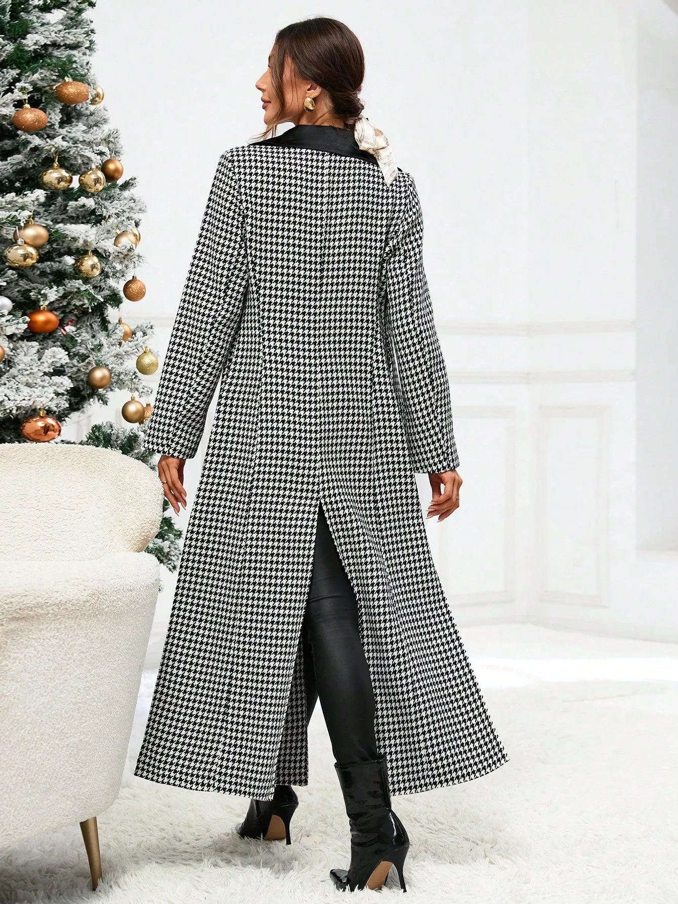 Houndstooth Print Double Breasted Overcoat