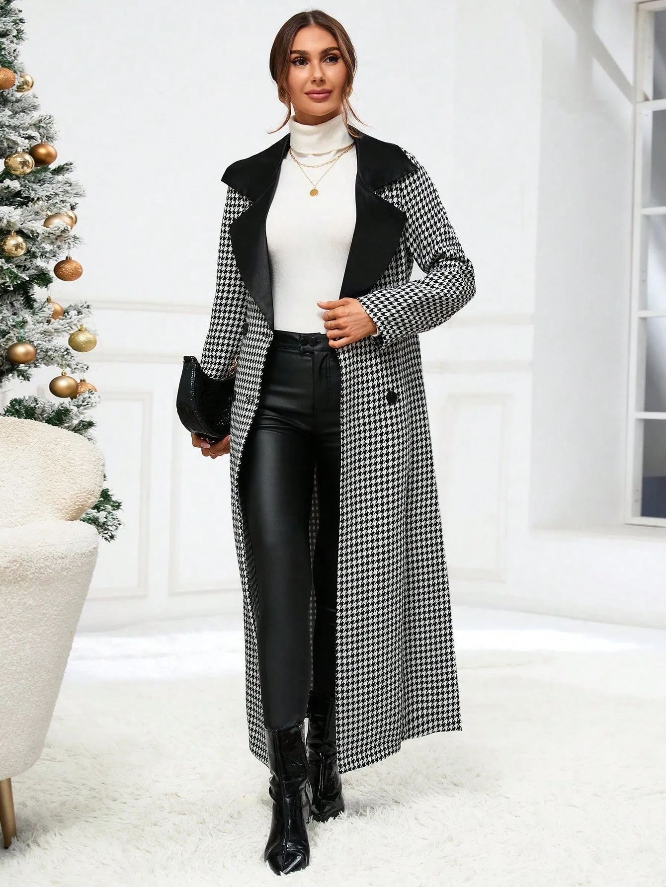 Houndstooth Print Double Breasted Overcoat