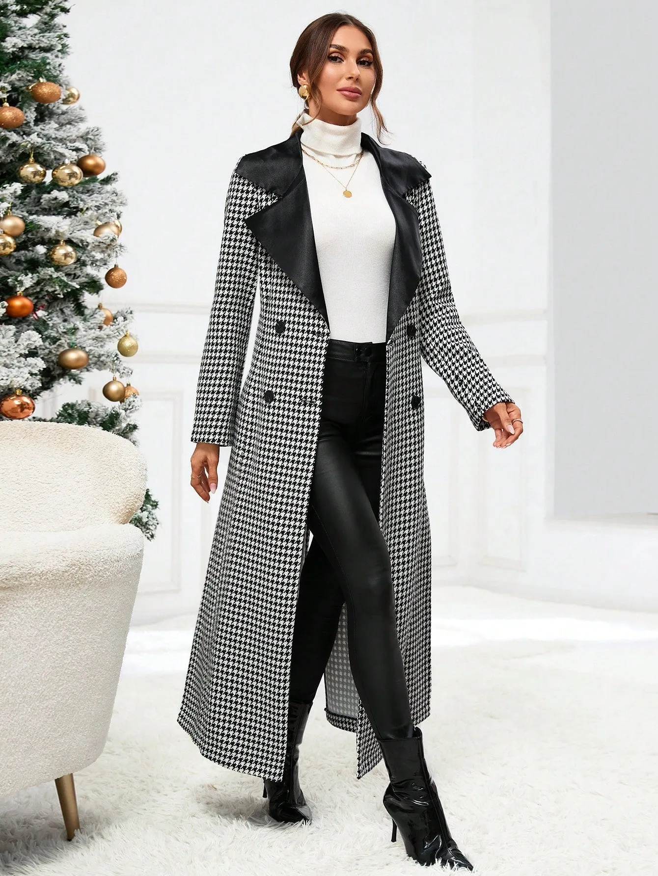Houndstooth Print Double Breasted Overcoat