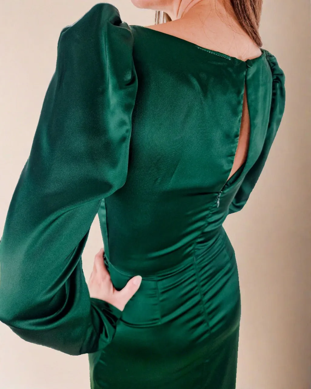 Inara Midi Dress - Satin Long Sleeve Emerald Green Dress