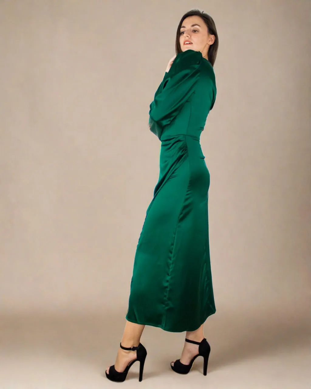 Inara Midi Dress - Satin Long Sleeve Emerald Green Dress