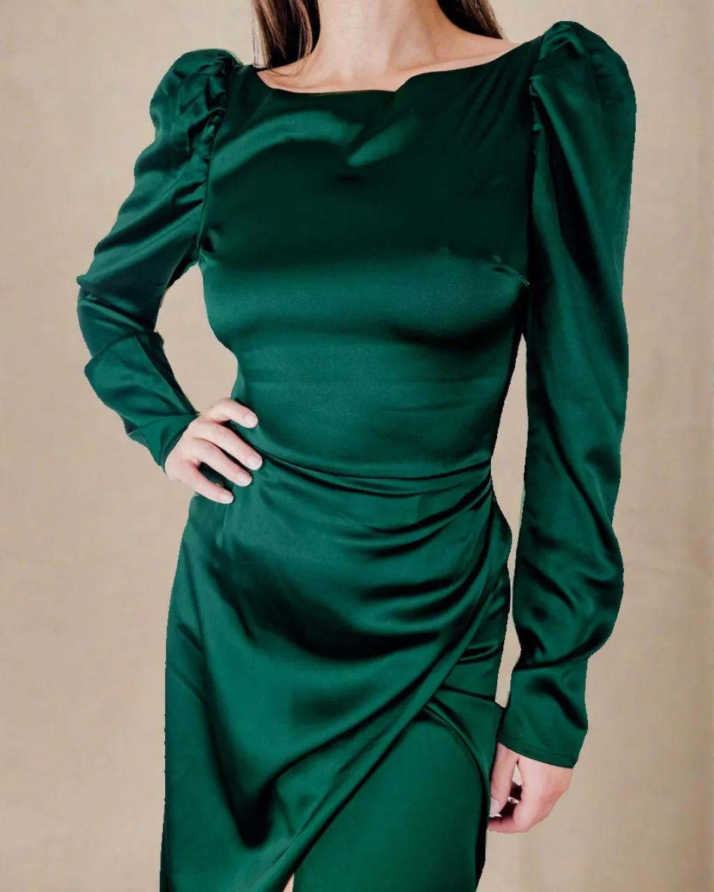 Inara Midi Dress - Satin Long Sleeve Emerald Green Dress