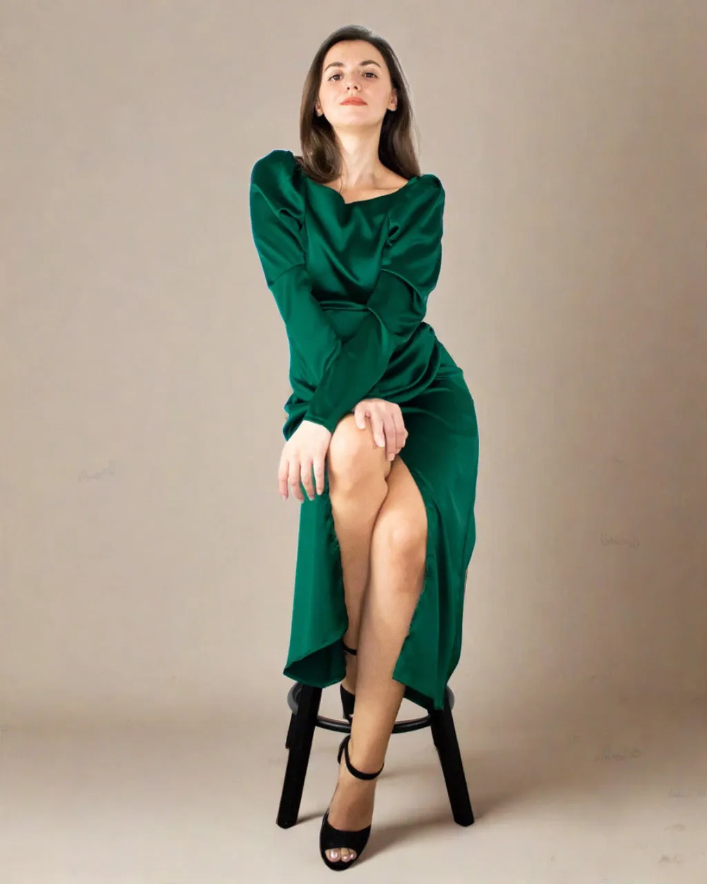 Inara Midi Dress - Satin Long Sleeve Emerald Green Dress