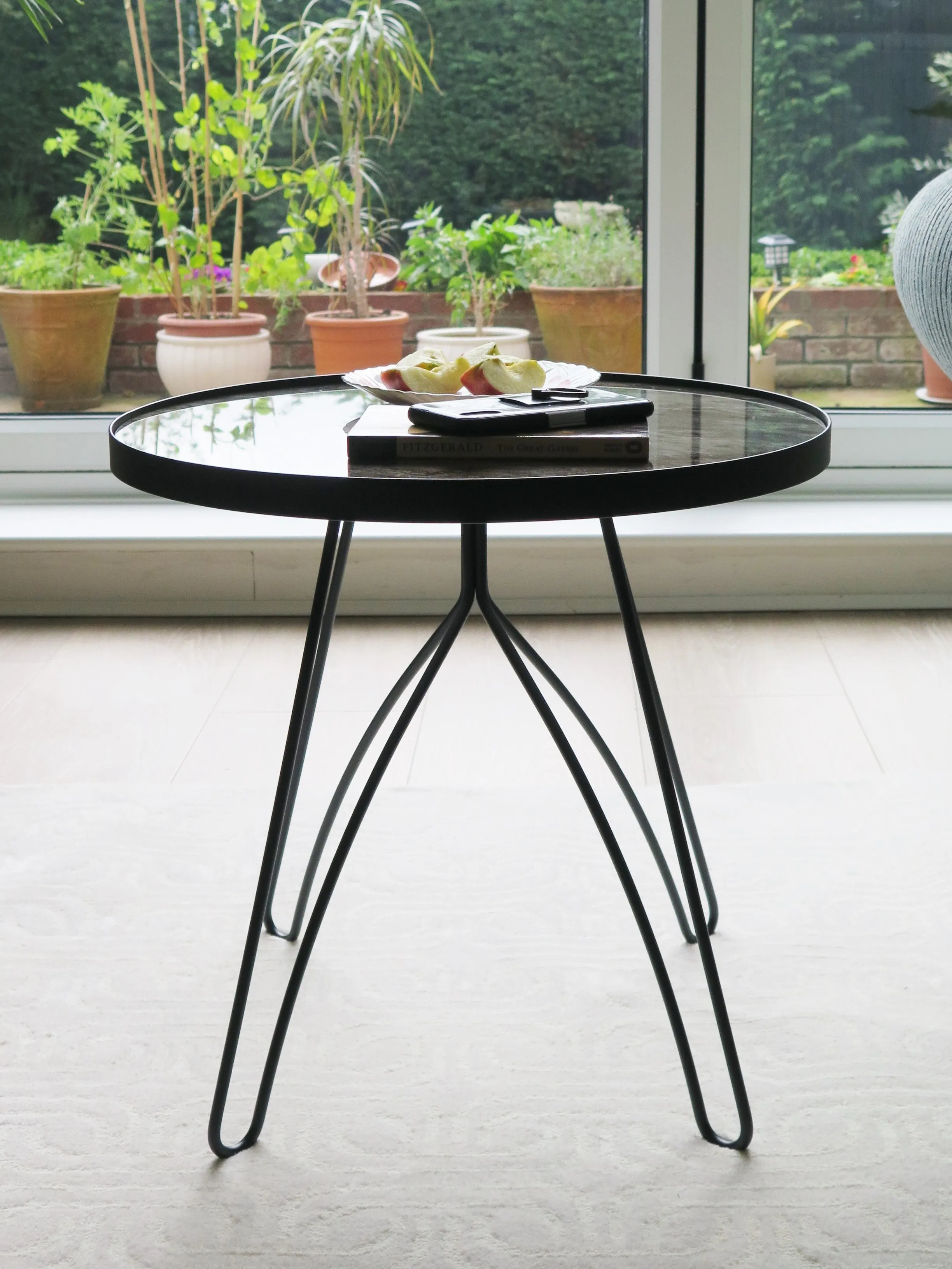 Ines Side/End Table-Marble Glass Top,Black Metal Base