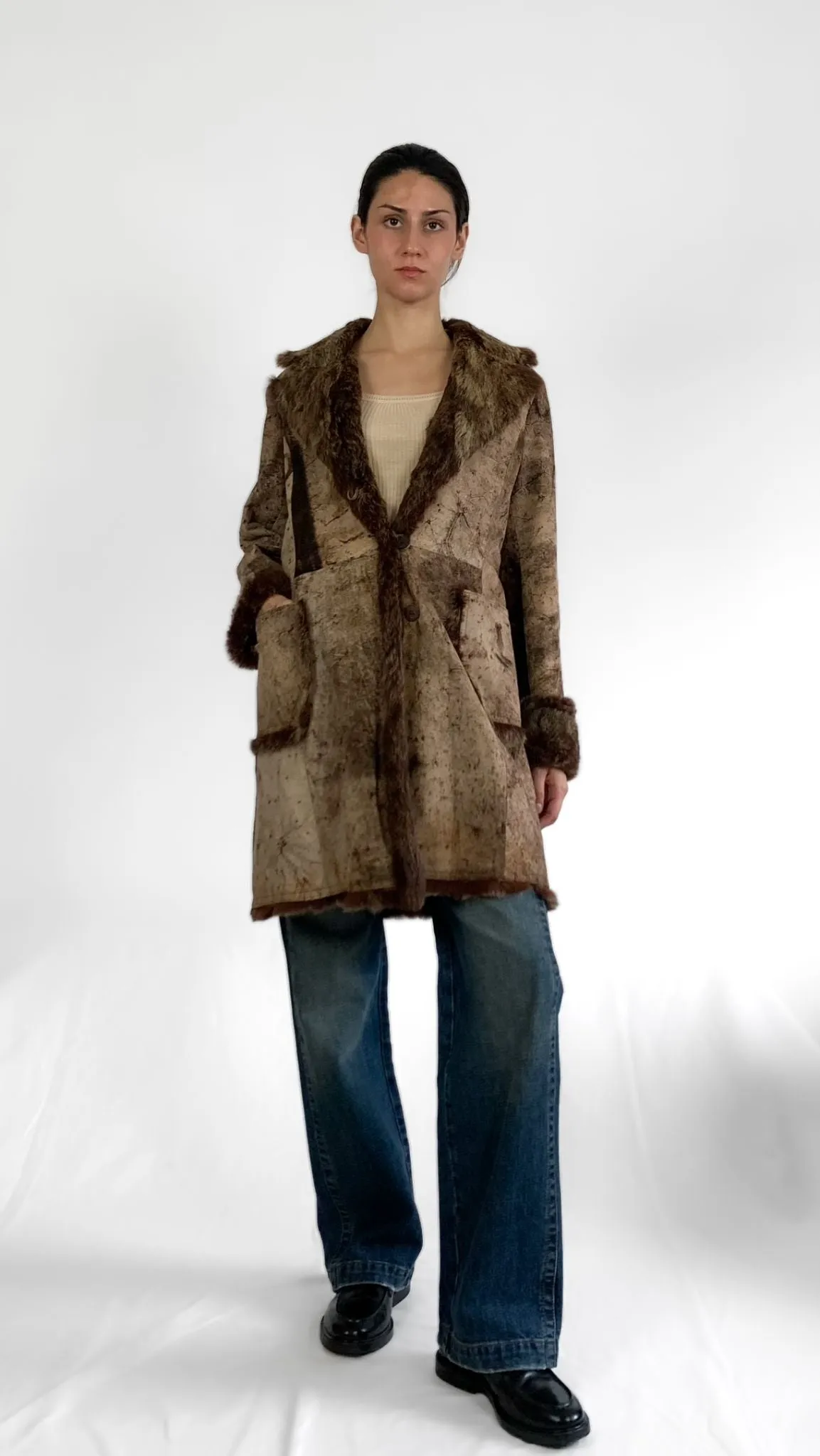 Italian Designer Quilted Leather Coat w/ Fur Trim