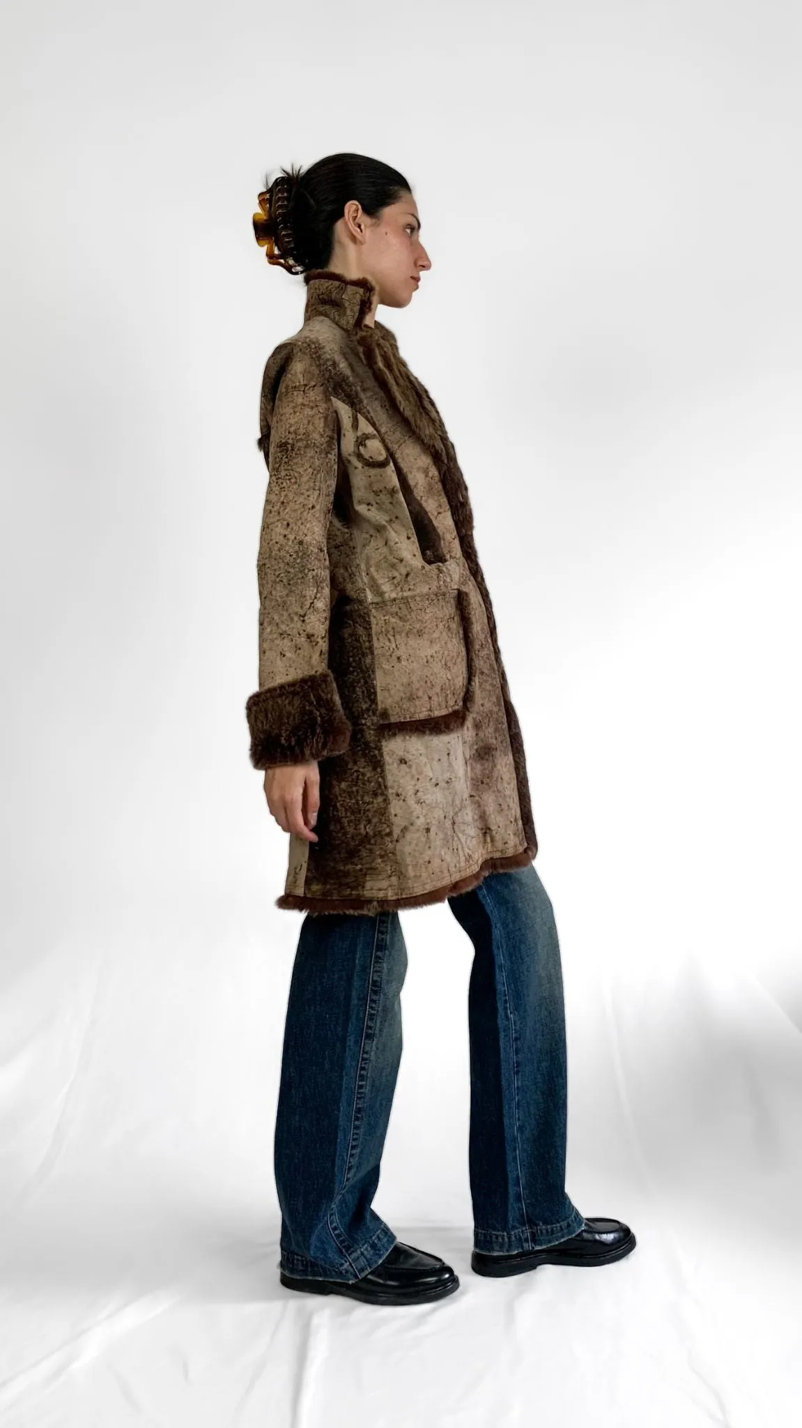 Italian Designer Quilted Leather Coat w/ Fur Trim