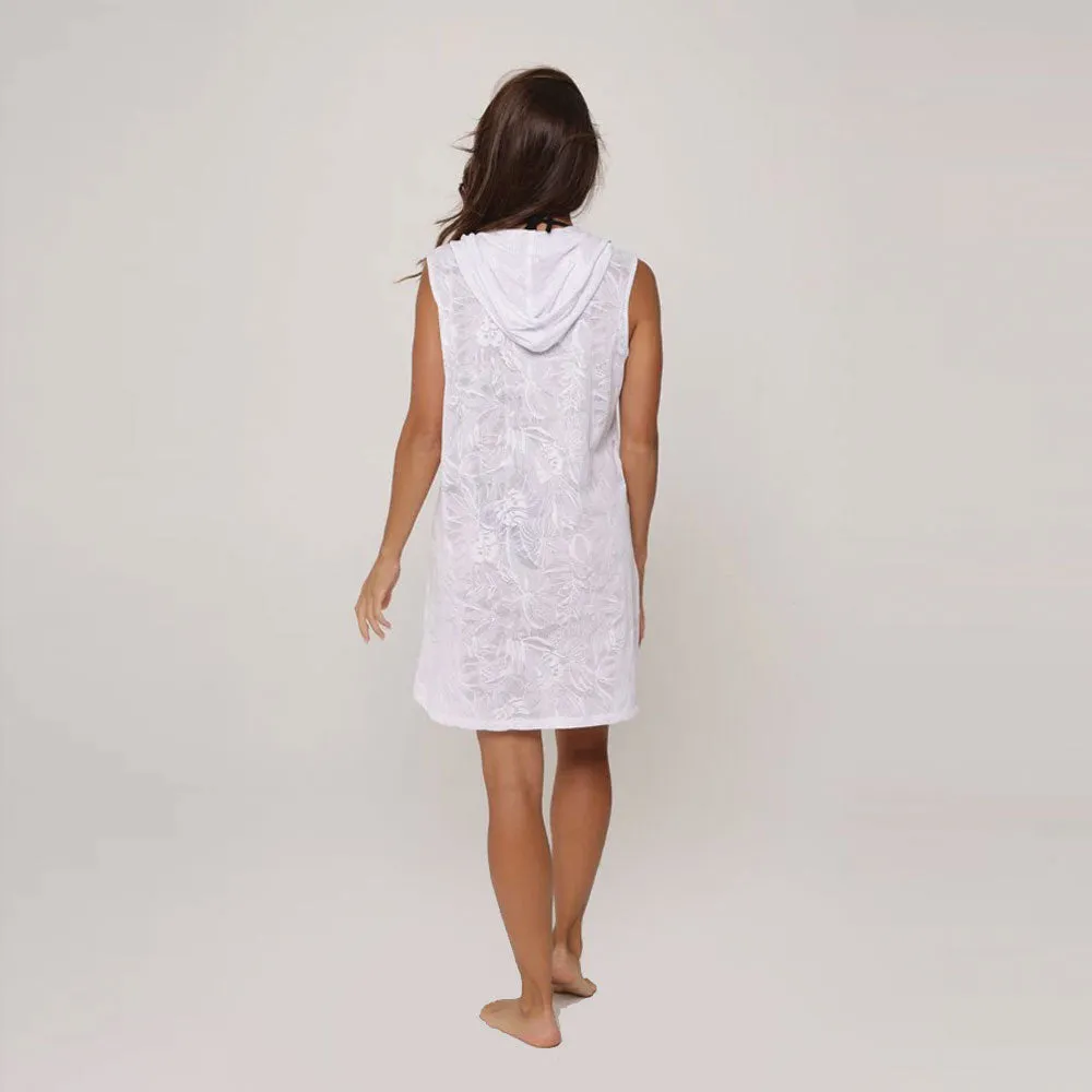 J Valdi Rainforest Lace Front Zip Hoodie Tunic Coverup - White