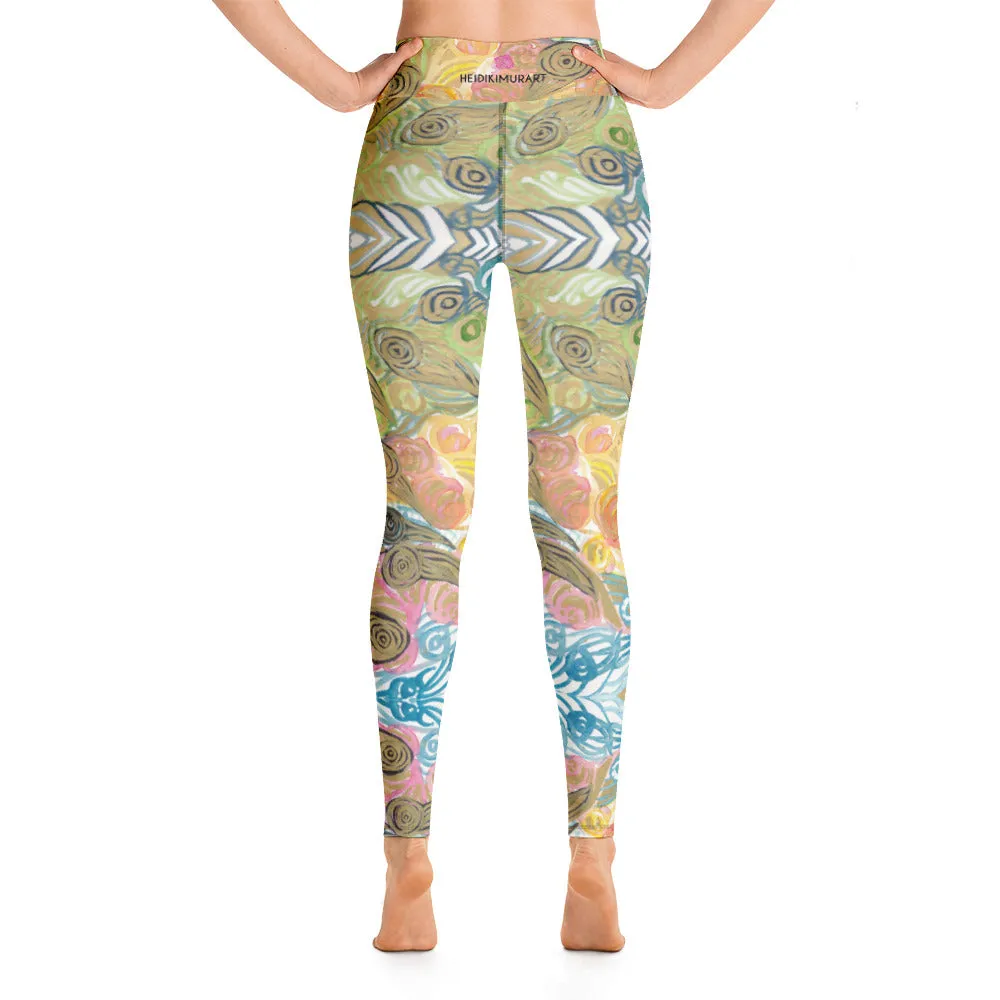 Japanese Waves Abstract Yoga Leggings, Watercolor Women's Retro Style Long Yoga Pants-Made in USA/EU