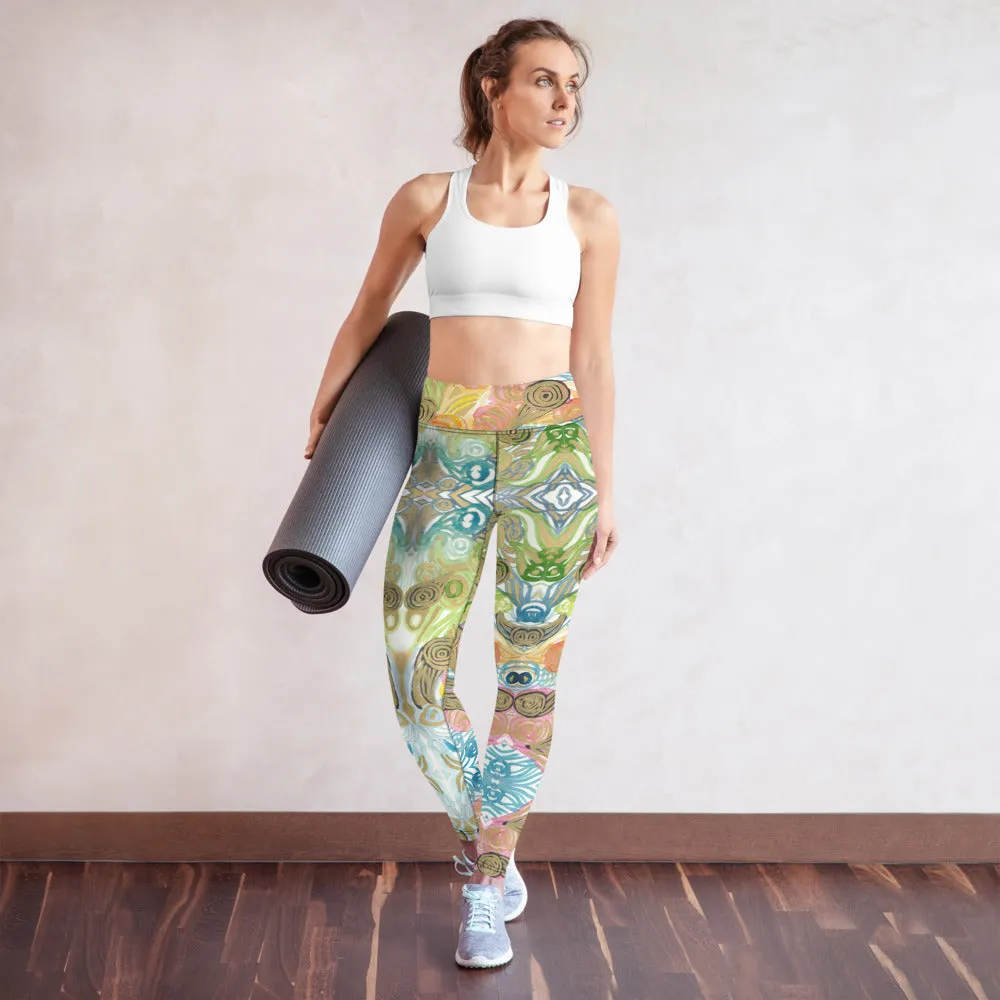 Japanese Waves Abstract Yoga Leggings, Watercolor Women's Retro Style Long Yoga Pants-Made in USA/EU