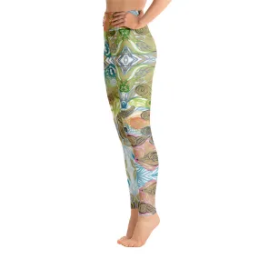 Japanese Waves Abstract Yoga Leggings, Watercolor Women's Retro Style Long Yoga Pants-Made in USA/EU