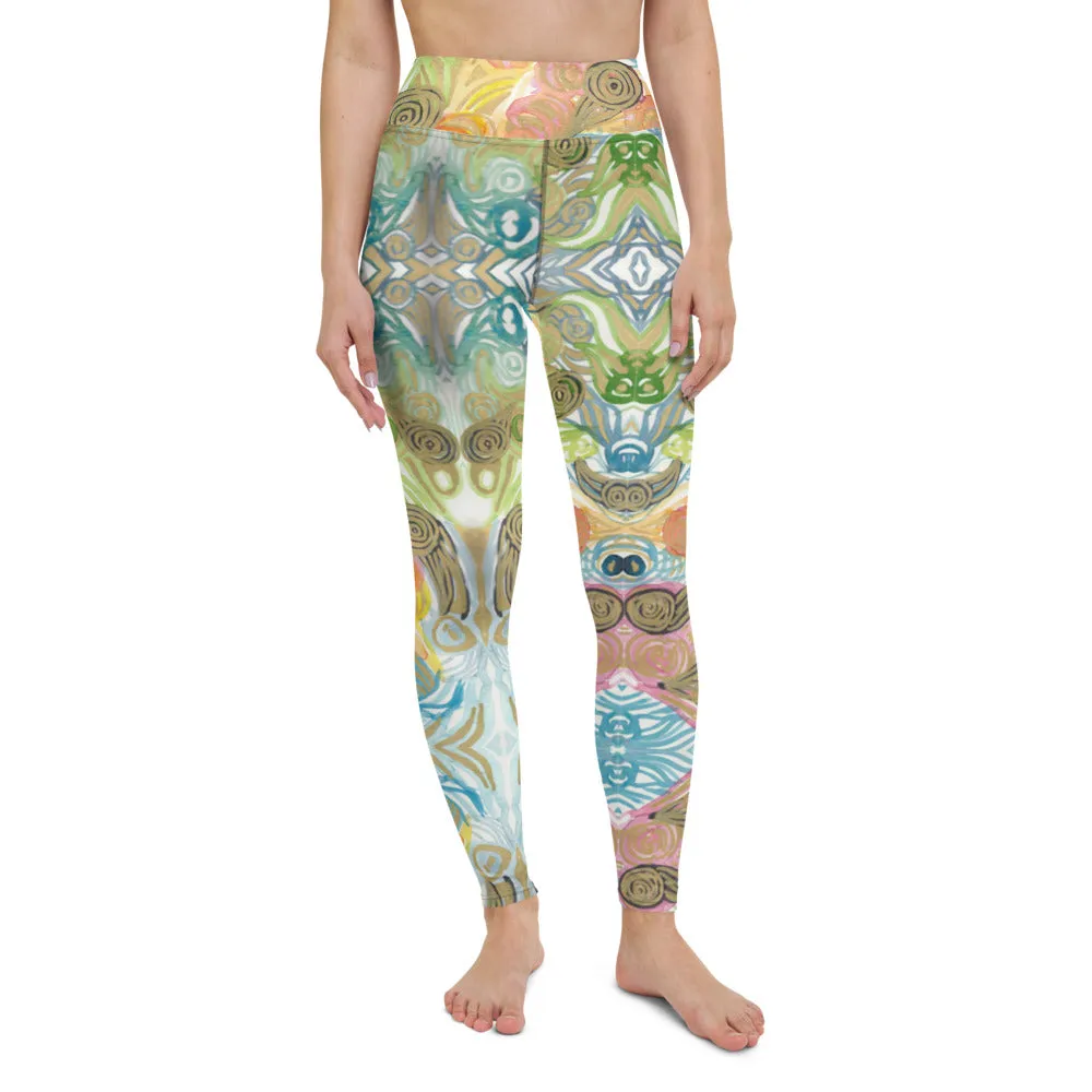 Japanese Waves Abstract Yoga Leggings, Watercolor Women's Retro Style Long Yoga Pants-Made in USA/EU