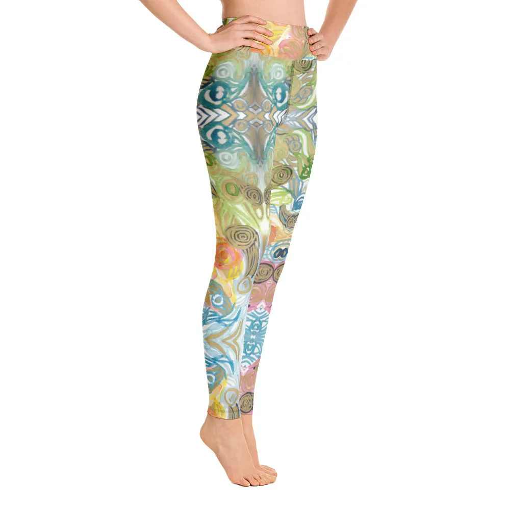 Japanese Waves Abstract Yoga Leggings, Watercolor Women's Retro Style Long Yoga Pants-Made in USA/EU
