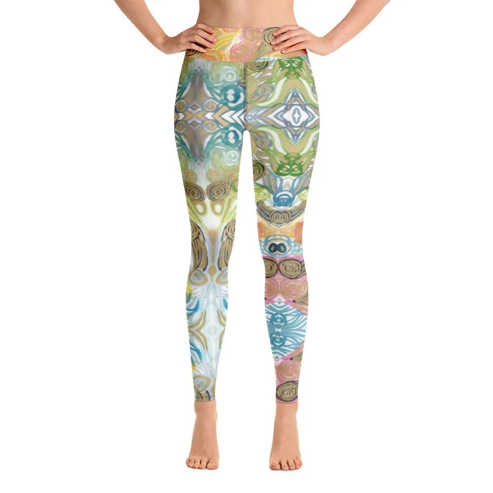 Japanese Waves Abstract Yoga Leggings, Watercolor Women's Retro Style Long Yoga Pants-Made in USA/EU