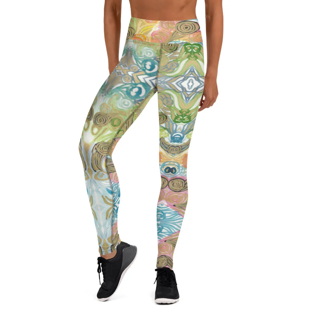 Japanese Waves Abstract Yoga Leggings, Watercolor Women's Retro Style Long Yoga Pants-Made in USA/EU