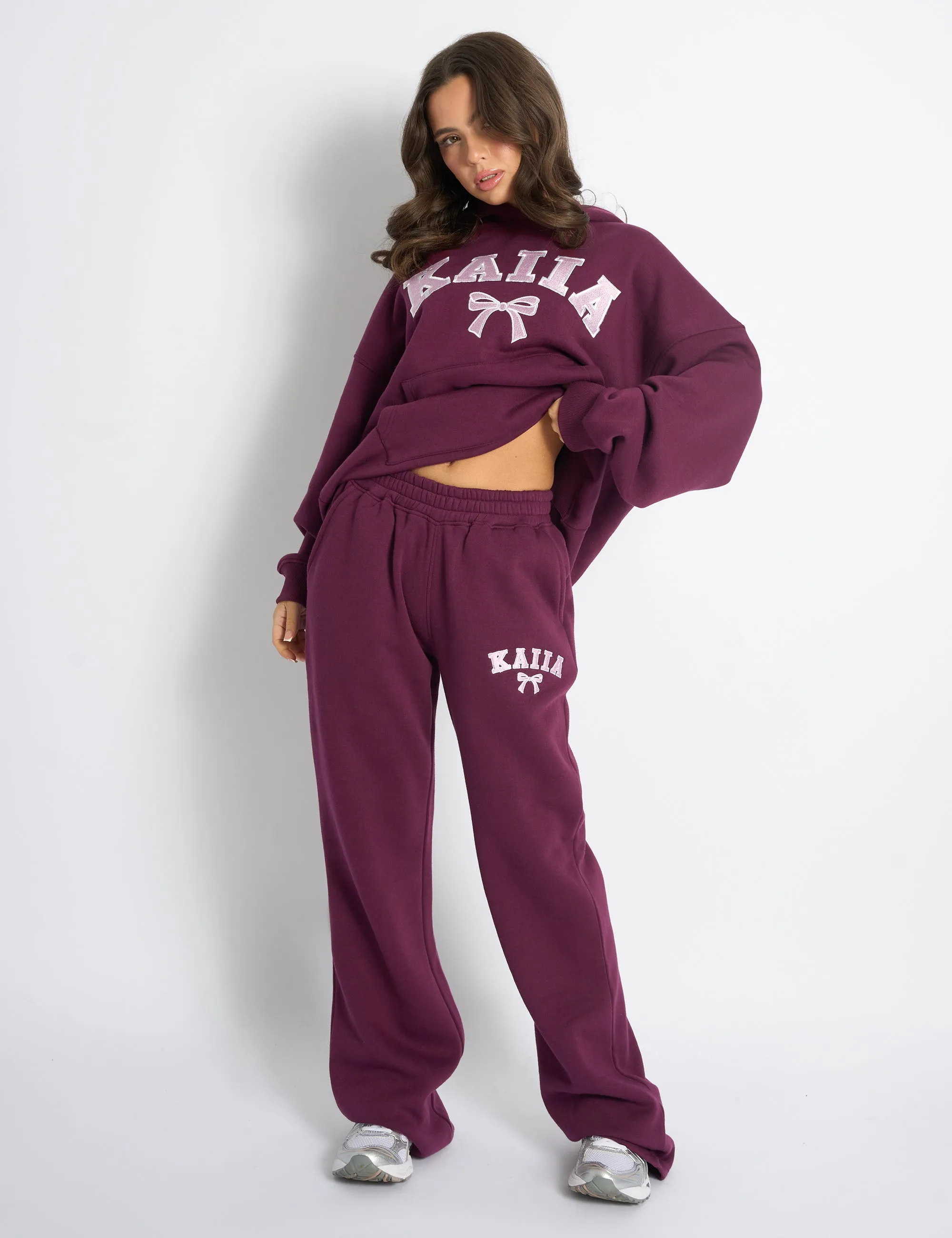 Kaiia Bow Embroidered Ribbed Waistband Wide Leg Joggers Plum & Baby Pink