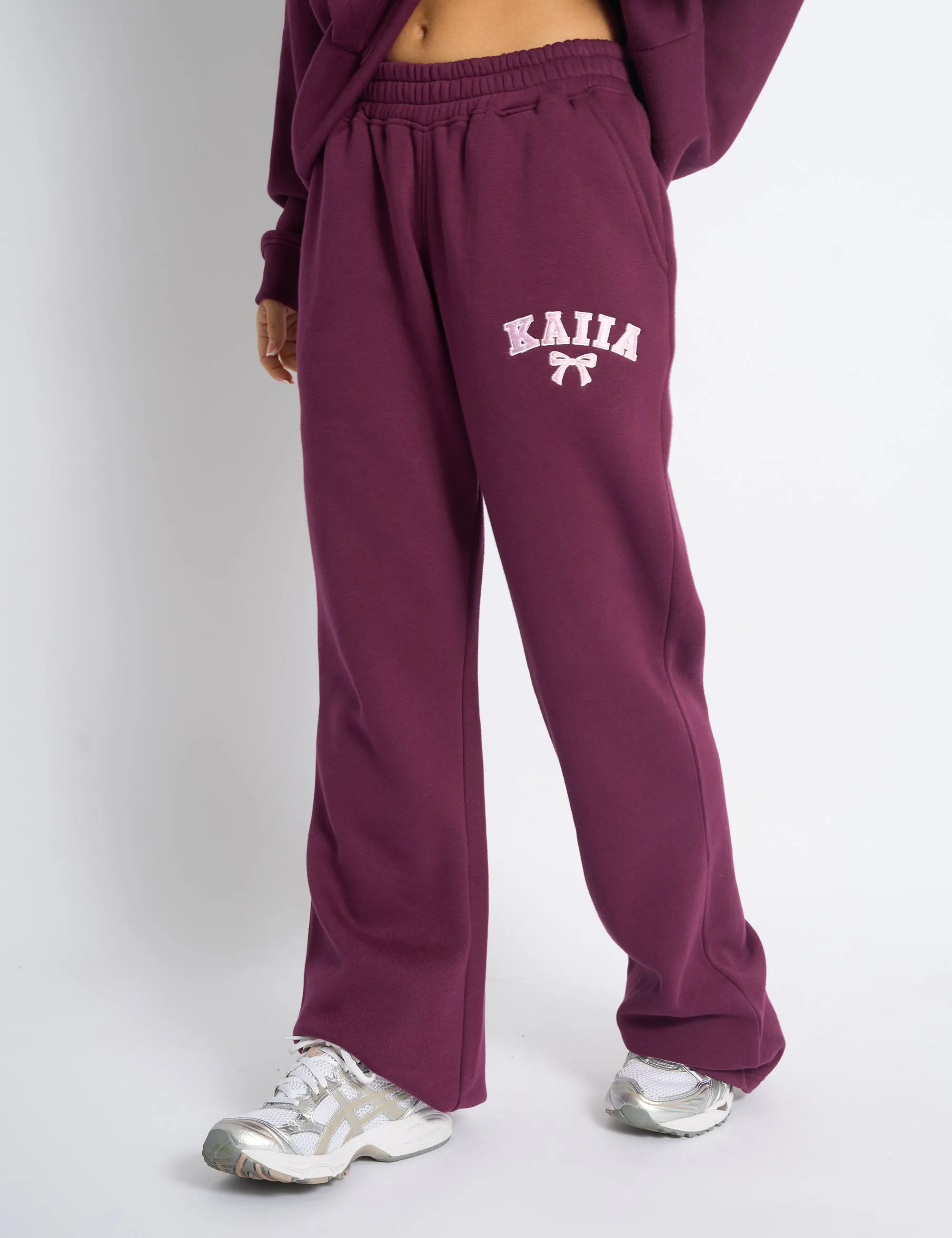 Kaiia Bow Embroidered Ribbed Waistband Wide Leg Joggers Plum & Baby Pink
