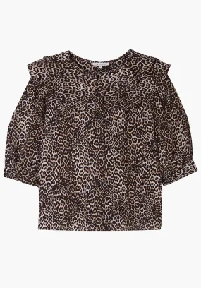 Keira Split Collar Big Cat Print Blouse In Brown