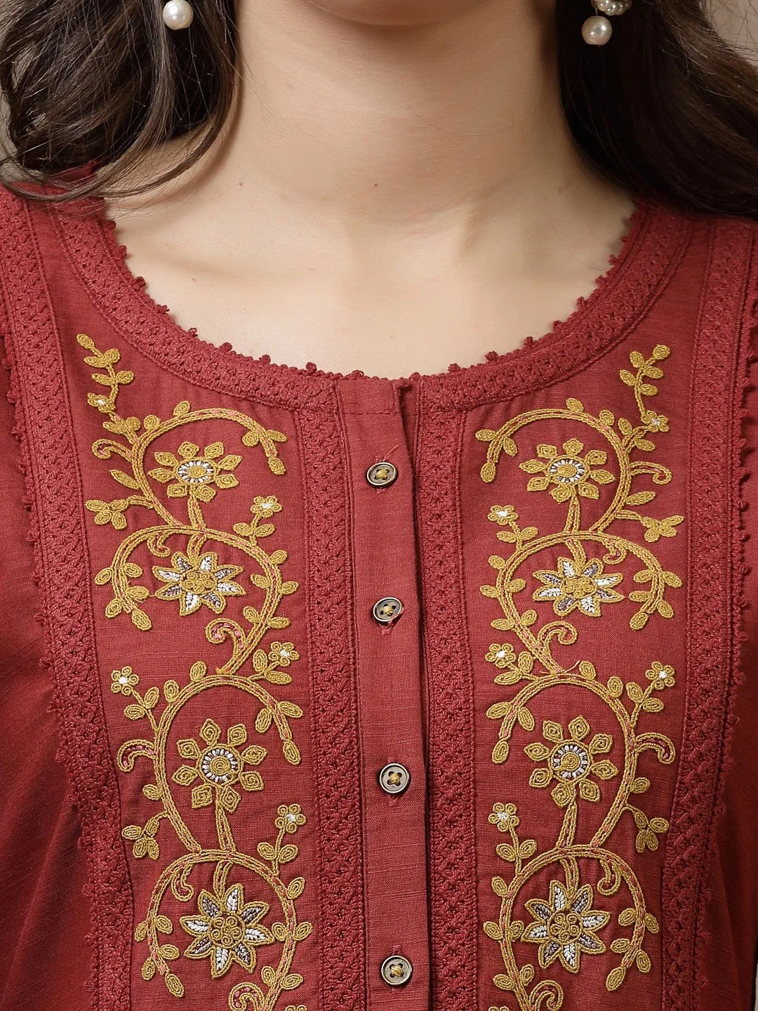 Maroon Embroidered Cotton Tunic
